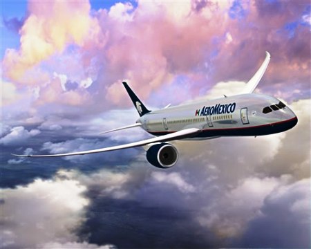 Image is of an Aeromexico airplane in mid-flight through the sky.  Photo is from Aeromexico's corporate website.