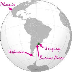 Image is a cartoon of the globe with South America in the center.  An arrow points to Phoenix, Arizona in the US; an arrow points to the southern tip of South America with a label for Ushuaia; an arrow points to Buenos Aires about 1400 miles to the northeast of Ushuaia along the east side or right side; and an arrow points to Uruguay which is to the east of Buenos Aires.