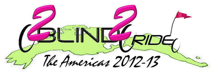 Two Blind to Ride logo: The number two in fuchsia color for the word two, the word blind in thin font to look like the frame of a bike, the number two in fuchsia color for the word to, the word ride in thin font to look like a trailer for a bike, in background is a cartoon map of North America and South America in chartreuse color, below is the word the Americas 2012-13