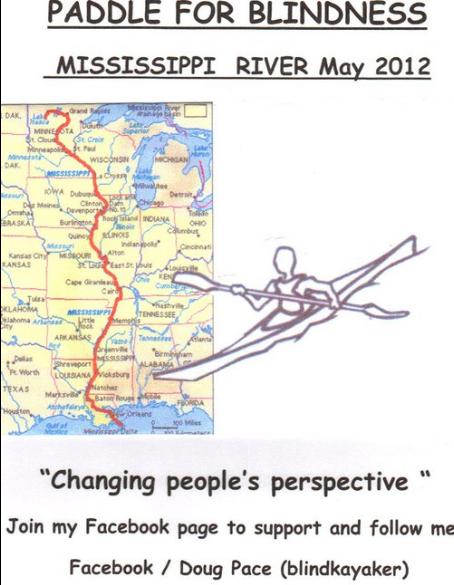 Image is of a cartoon of a kayaker and a cartoon map showing the entire length of the Mississippi River.