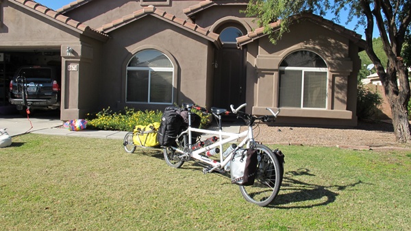 Another view of the bike and trailer.  Video below is of Tauru packing the gear into the panniers and trailer.  It's on double time, so Tauru is moving super fast.
